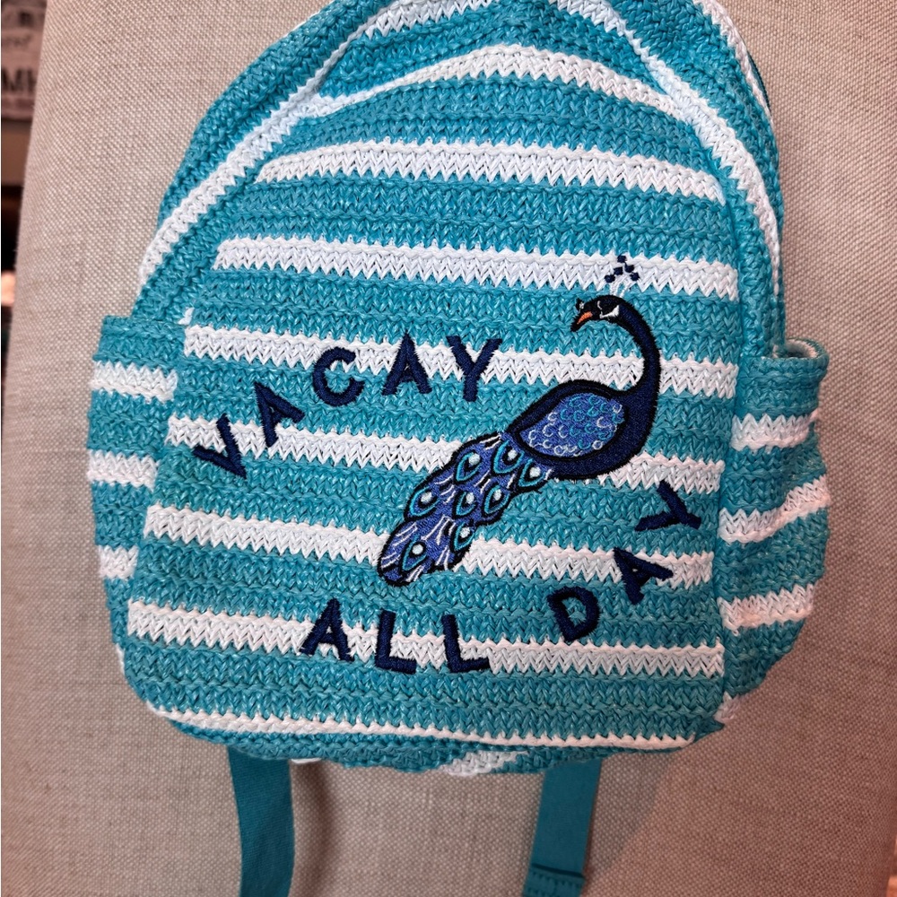 Vera Bradley “Peacock Garden” straw compact backpack never used NWT